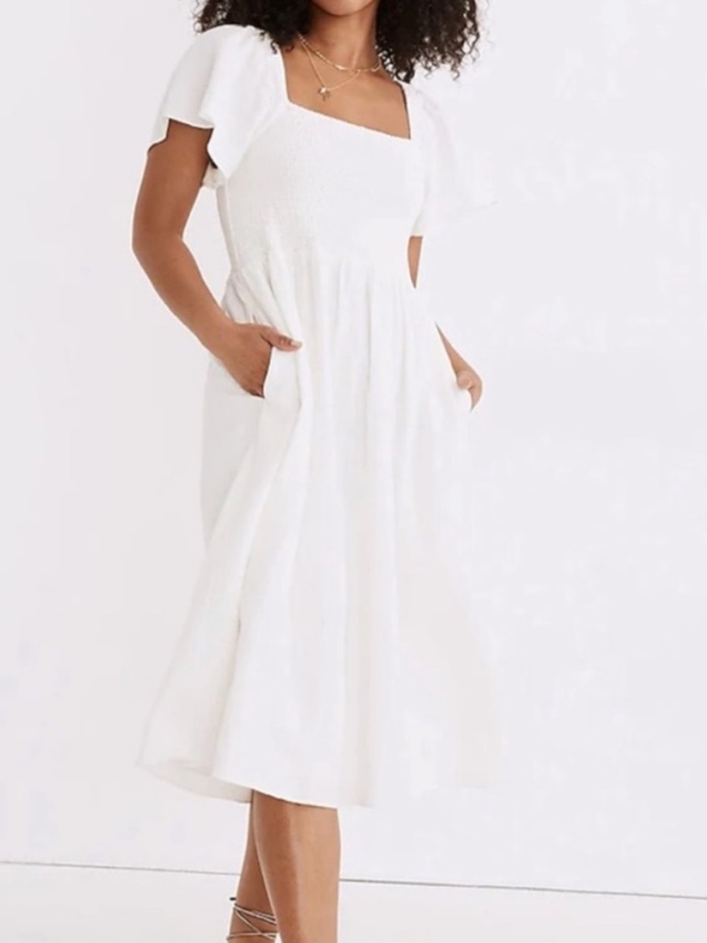 Madewell Linen-Blend Lucie Smocked Midi Dress Cream/White Size Medium Petite